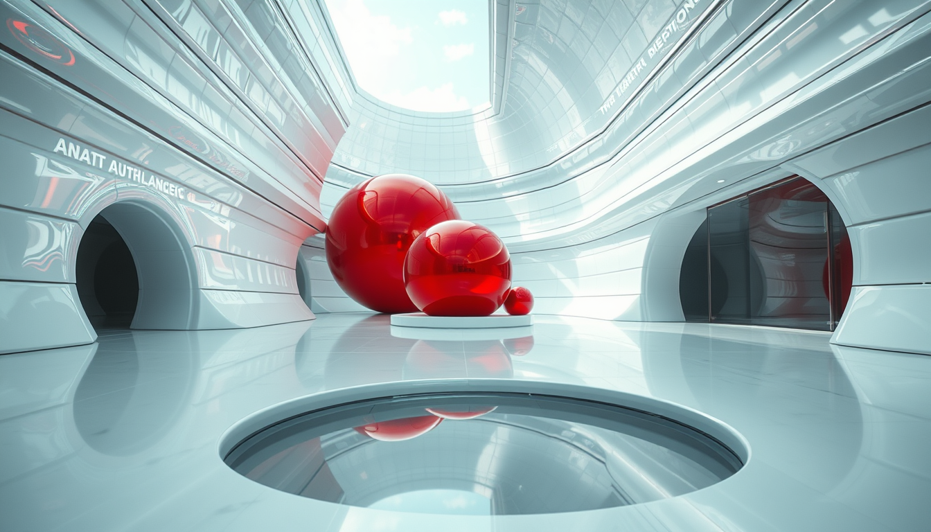 An eye-level, wide-angle shot of a fantasy, futuristic, and alien architectural square that features horizontally and vertically curved structures covered in white metallic reflective material. In the background, there are a few spherical red objects with reflective, metallic surfaces that resemble large, smooth capsules. These objects are positioned on a sleek, ultra-white shiny floor that reflects their surfaces. The focus is the sleek horizontally and vertically curved architecture covered in white metallic reflective material and a water feature. The mood is serene and cool, bursting with futuristic creativity. - Image