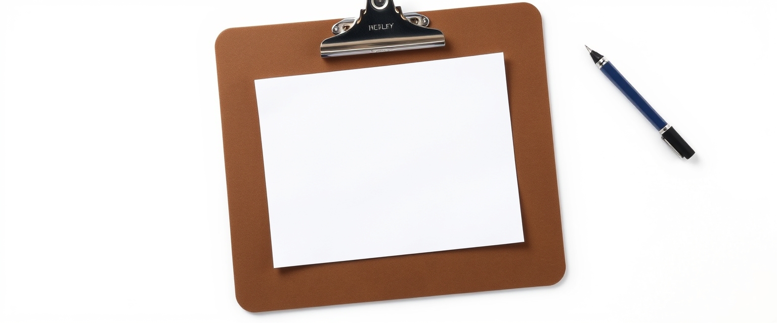 A clipboard with a blank sheet of paper on a white background.