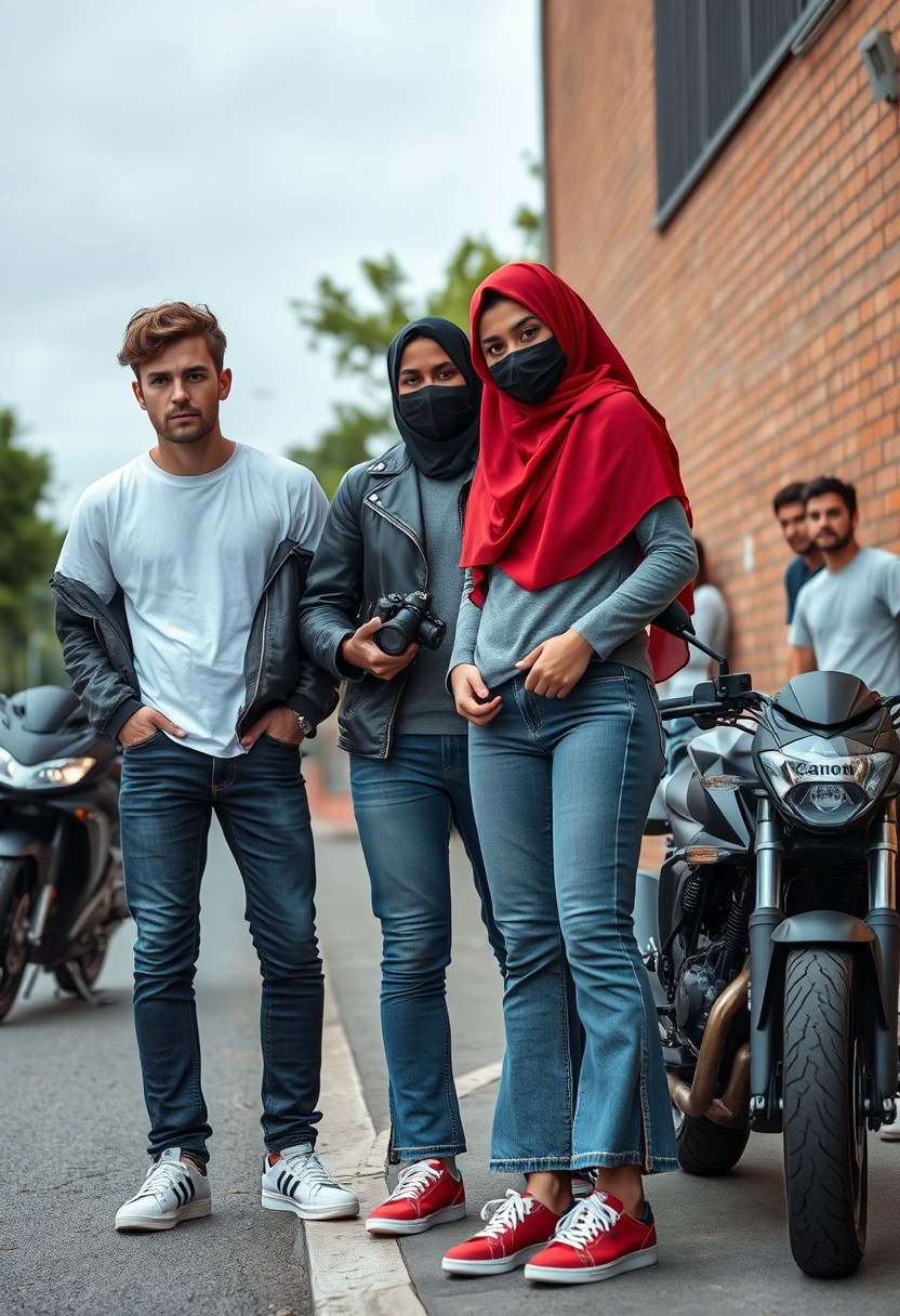 Jamie Dornan and Freddie Prinze, head and body shot, handsome, young, serious face, dark brown hair, white t-shirt, collage jacket, skinny jeans, sneakers, standing, discussing with two guys and a short slim Muslim girl in a red hijab, beautiful eyes, black face mask, black leather jacket, grey long t-shirt, bell-bottom jeans, red sneakers, holding a Canon DSLR camera, near a town road, superbike, hyper-realistic, street photography, brick wall, full body photo, five other random smiling friends in the back.