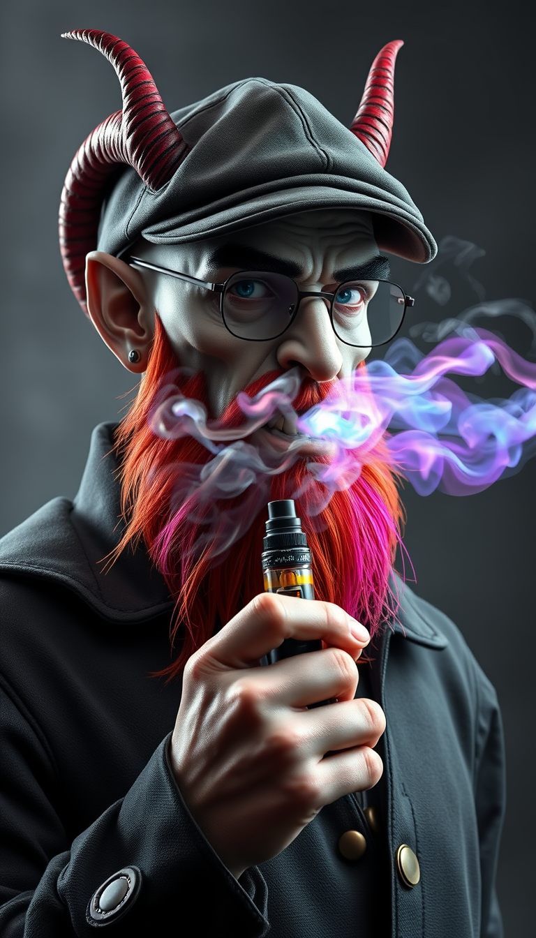 Three-quarter view of a sinister, bald human male with necromancer lich features. Demonic horns, short fiery ginger beard contrasts with dark eyebrows. Wears a weathered flat cap and aviator glasses. Clutches a sleek vape mod, exhaling dense, swirling vapor clouds. Vibrant e-liquid drips off his pale skin, creating a colorful aura. 3D render. - Image