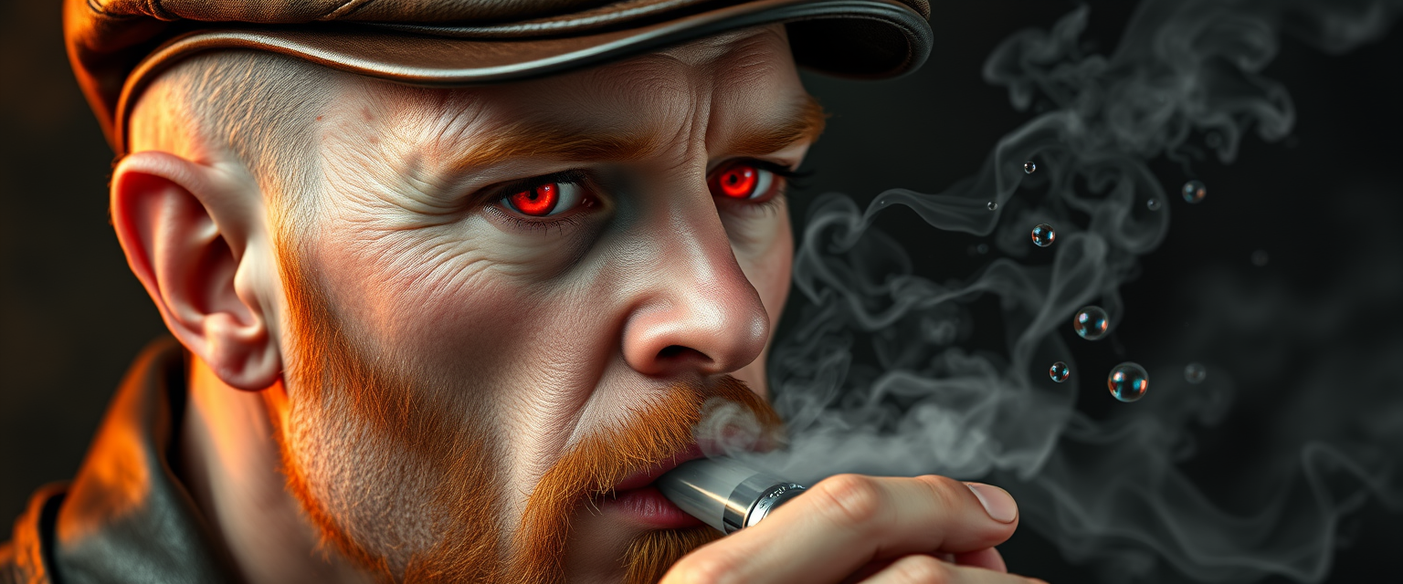 Hyper-realistic three-quarter portrait of a demonized white male, bald with meticulously detailed ginger stubble, donning a worn leather flatcap. Piercing red eyes gleam as he exhales dense, swirling vapor clouds from an intricately designed chrome vapemod. Iridescent e-liquid droplets suspended mid-air.