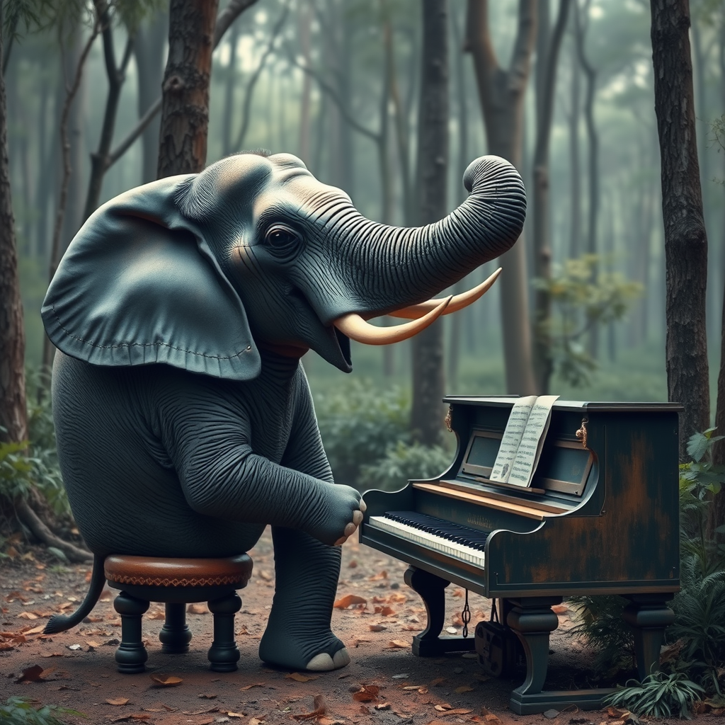 Elephant playing piano with his trunk, in a forest. - Image