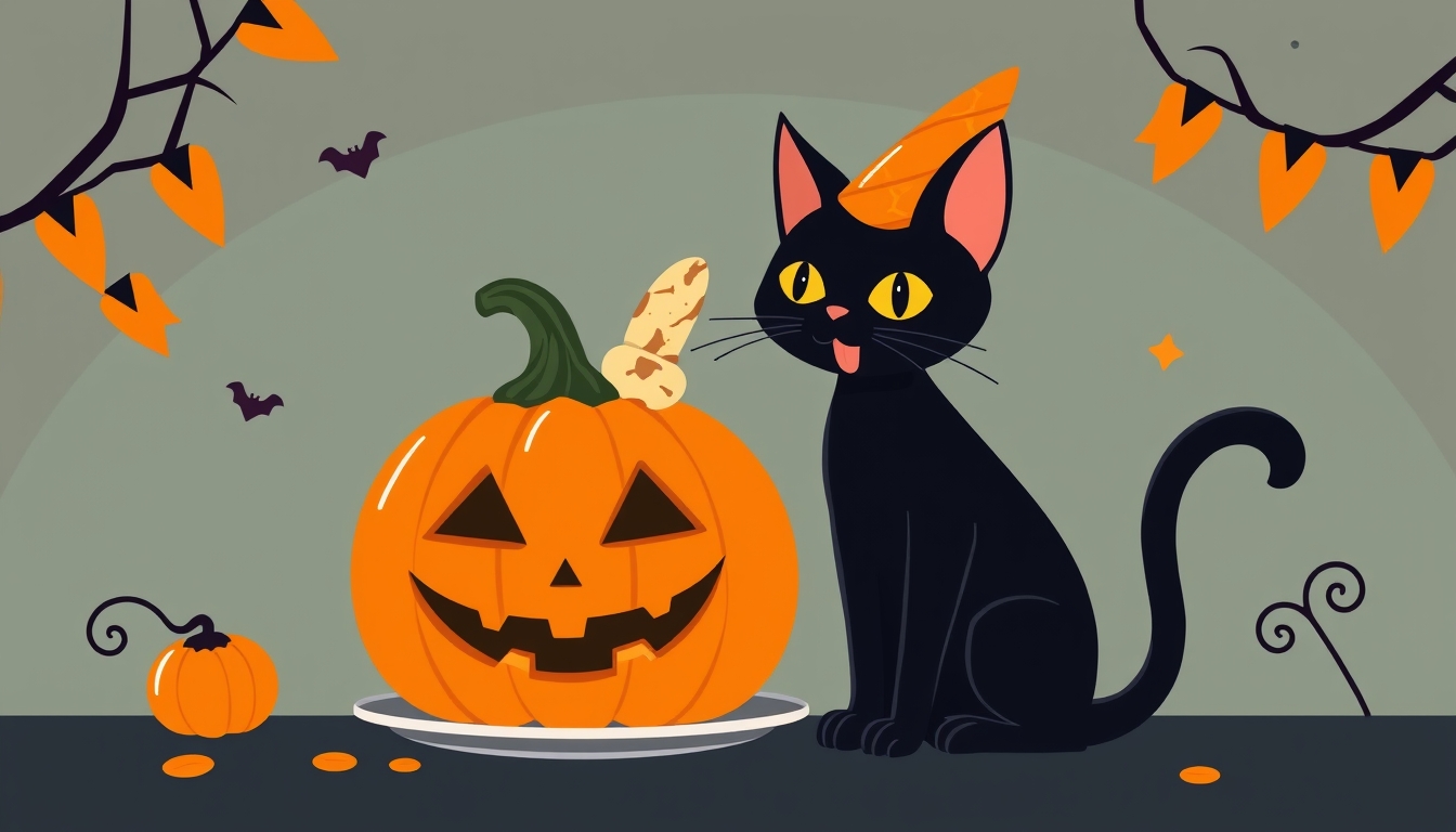 Black cat and pumpkin ice cream, Halloween vibe, flat design illustration.