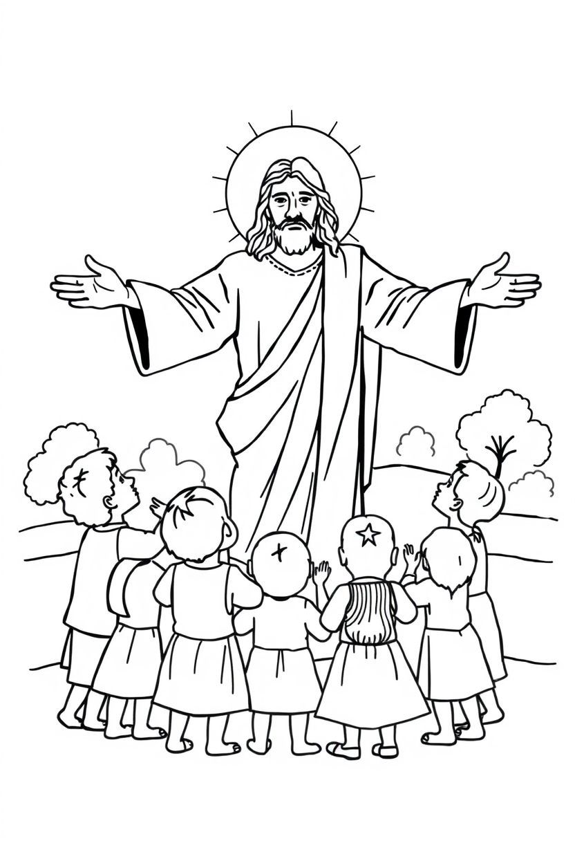 Coloring book page. Outline of Jesus blessing the children: Jesus as a central figure with outstretched arms. Surround him with small figures representing children of various heights. Add simple background elements like trees or buildings. White background, black and white drawing, sharp black lines.