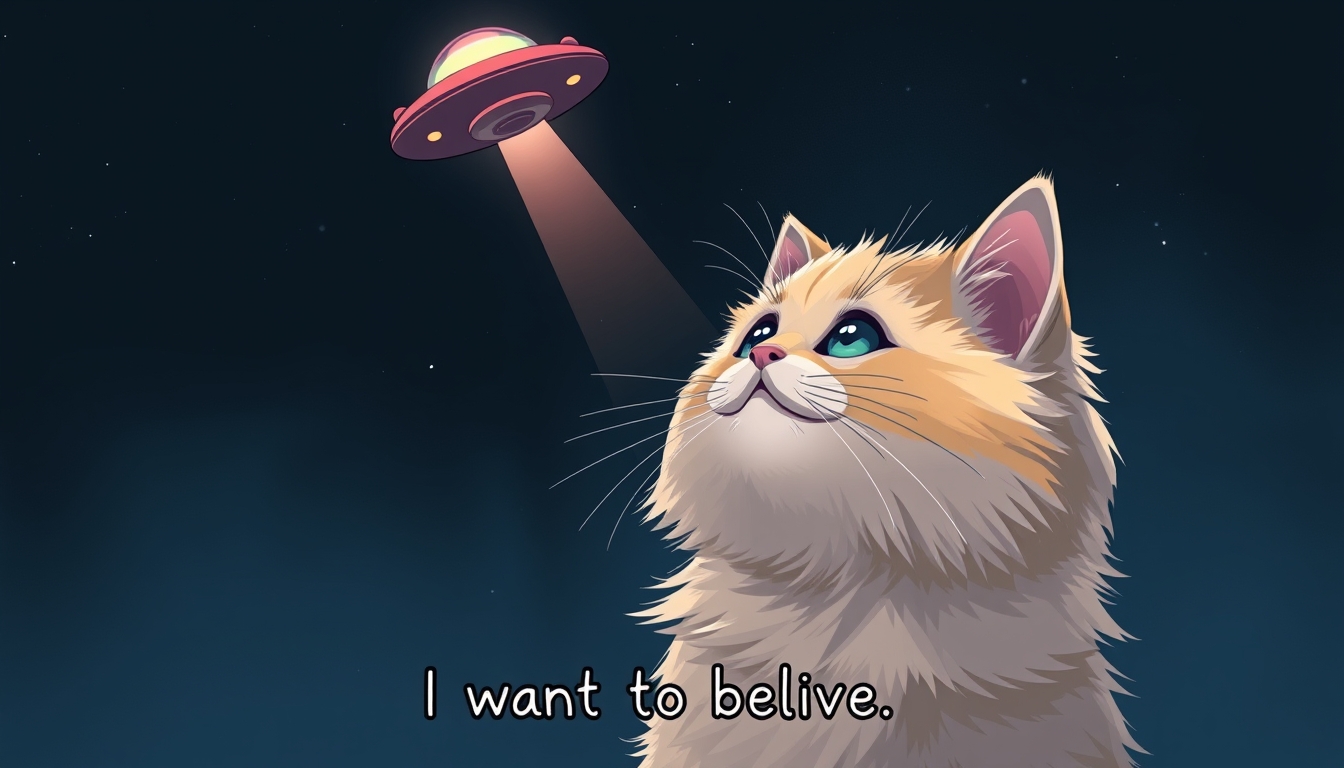 Digital illustration of a fluffy cat looking up, dark night sky background, UFO at the top with a beam coming down to the cat, text at the bottom that says "I want to believe." - Image