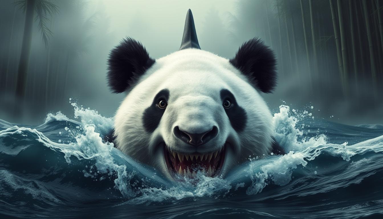 A mesmerizing hybrid creature, part great white shark, part giant panda, emerges from misty bamboo forests into turbulent ocean waters. Hyper-realistic details capture every scale and fur strand. Eyes blend primal hunger with gentle wisdom. Ancient Chinese mythology meets modern marine biology in this surreal, thought-provoking fusion. - Image