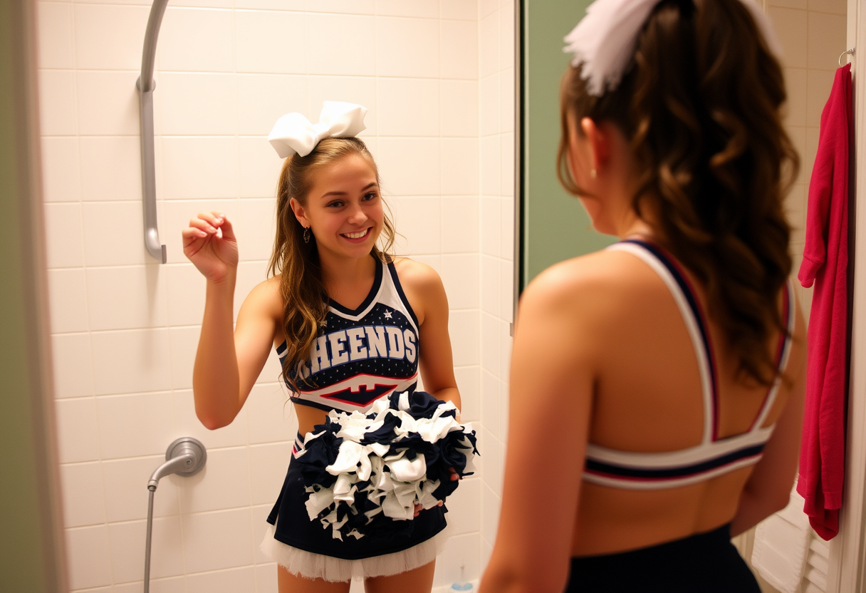 A cheerleader puts together an outfit to entice her best friend when they take their post-activity shower.