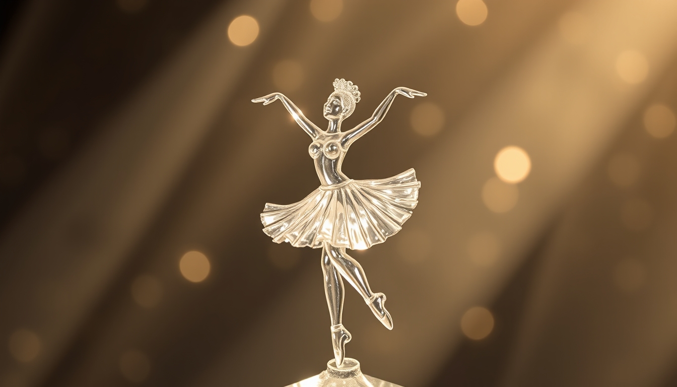 A delicate glass sculpture of a dancing ballerina, surrounded by shimmering light.