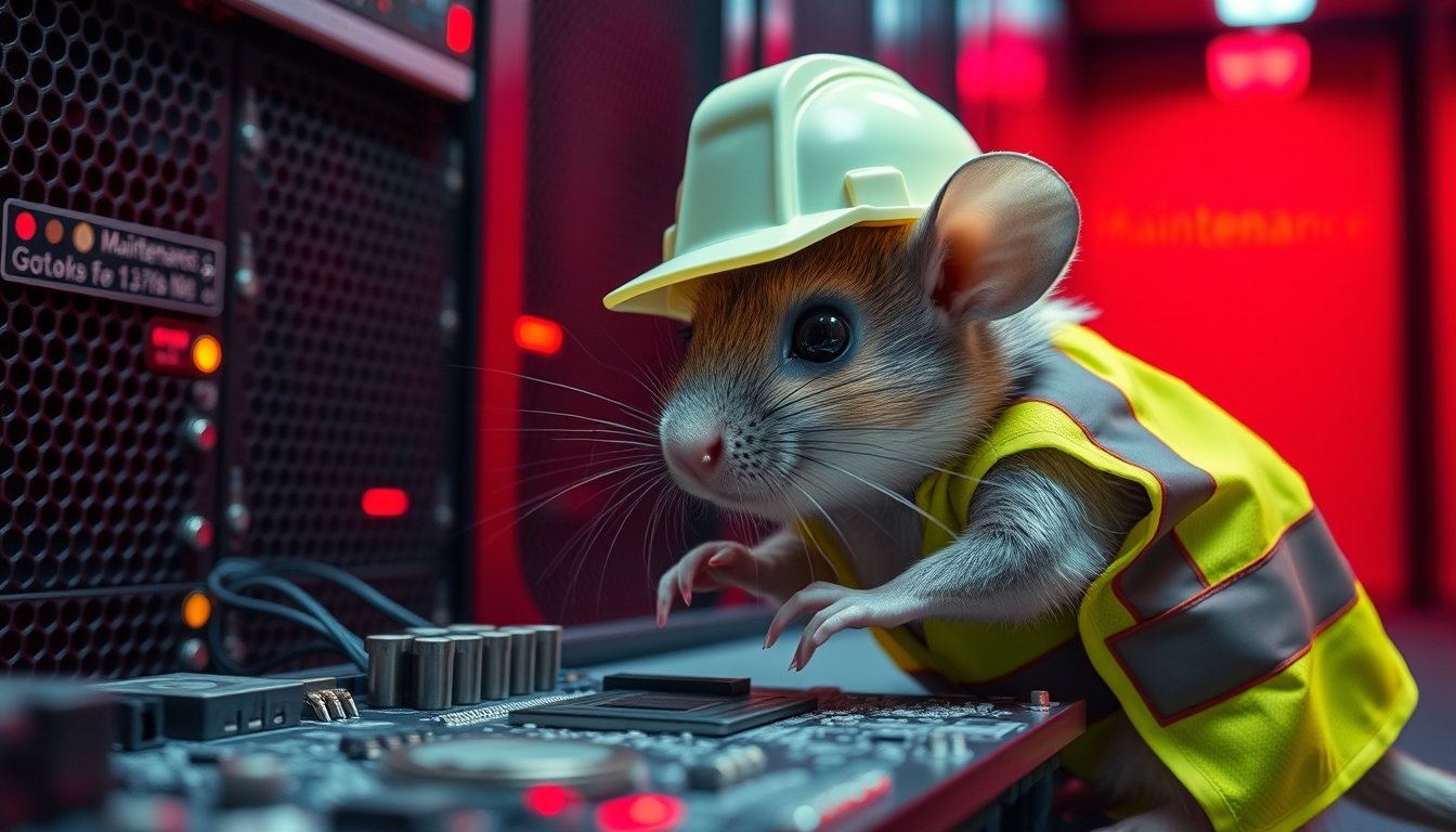 A small mouse with a hard hat and high visibility vest is repairing a circuit board, the mouse has a serious look in his eyes, background shows a server room with red emergency lighting only, red ambient lighting, emergency lighting, (Text background saying "Maintenance"). - Image