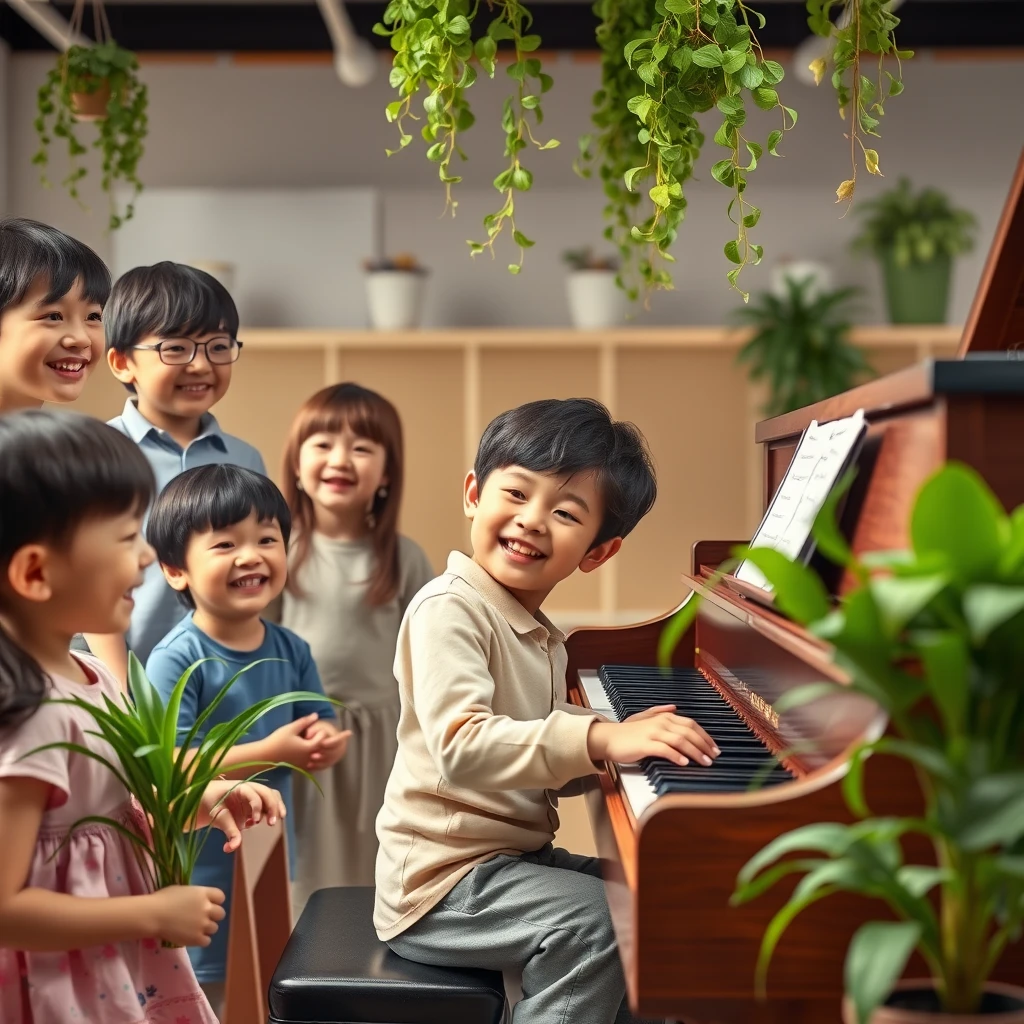 "I'm creating an advertisement for an academy. The person playing the piano should be a child. Surround the child with other children who are smiling and talking to create a lively atmosphere. Add potted plants or hanging green plants in the empty spaces."