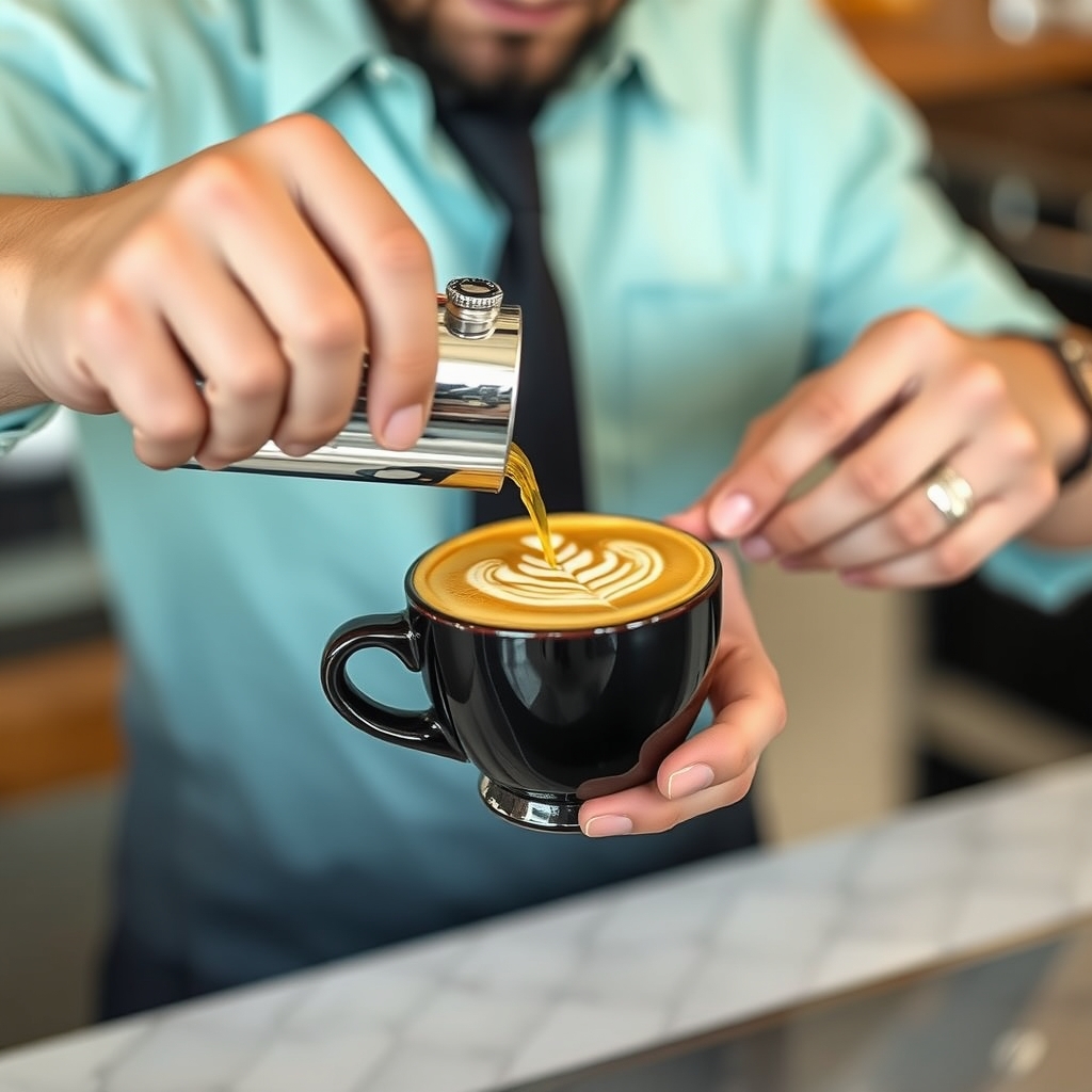 Barista pouring latte art into a coffee cup, highlighting the skill and artistry in coffee making. - Image