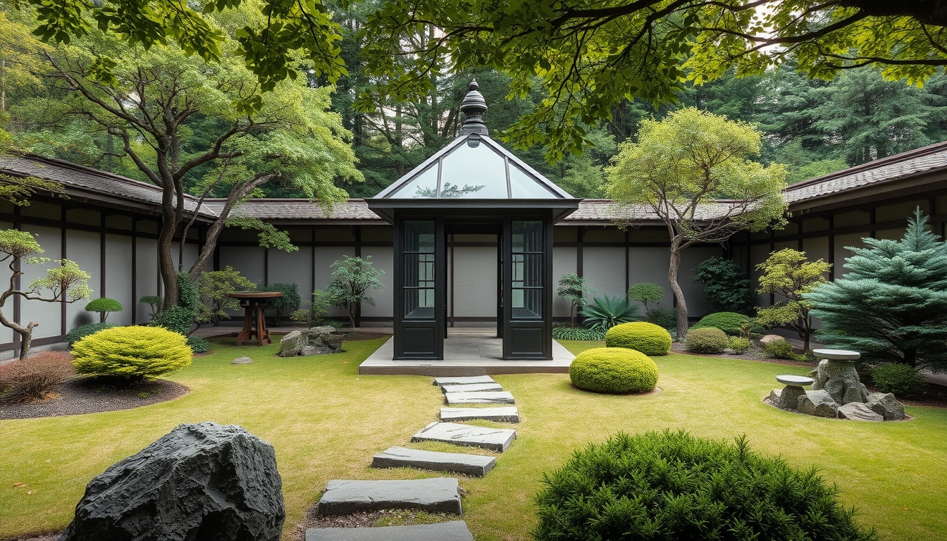 A tranquil zen garden with a glass meditation pavilion at its center.