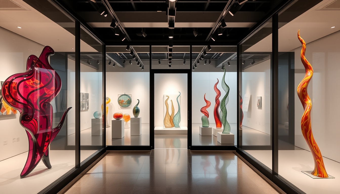 A modern art gallery with glass walls, showcasing contemporary glass sculptures. - Image