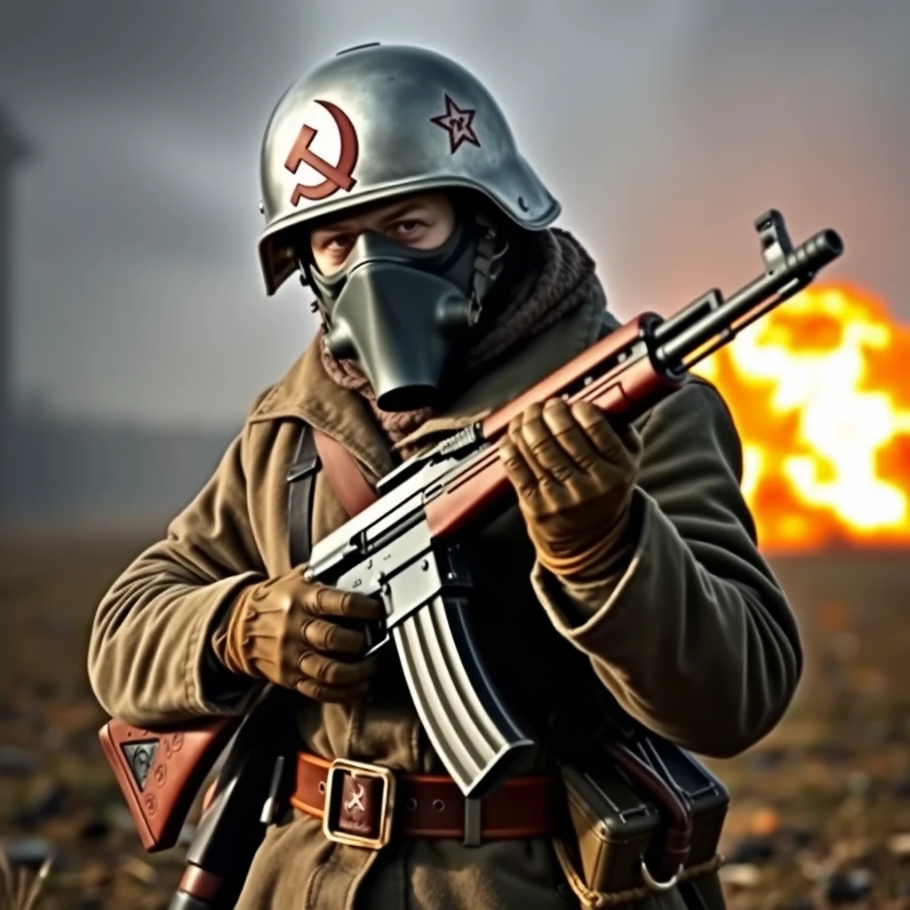 Generate a soldier with a silver helmet, the Soviet hammer and sickle logo on the helmet, wearing a gas mask, a long coat, a leather belt, leather gloves, and leather boots, holding an AK-47 automatic rifle, standing in a battlefield, with an explosion in the background.