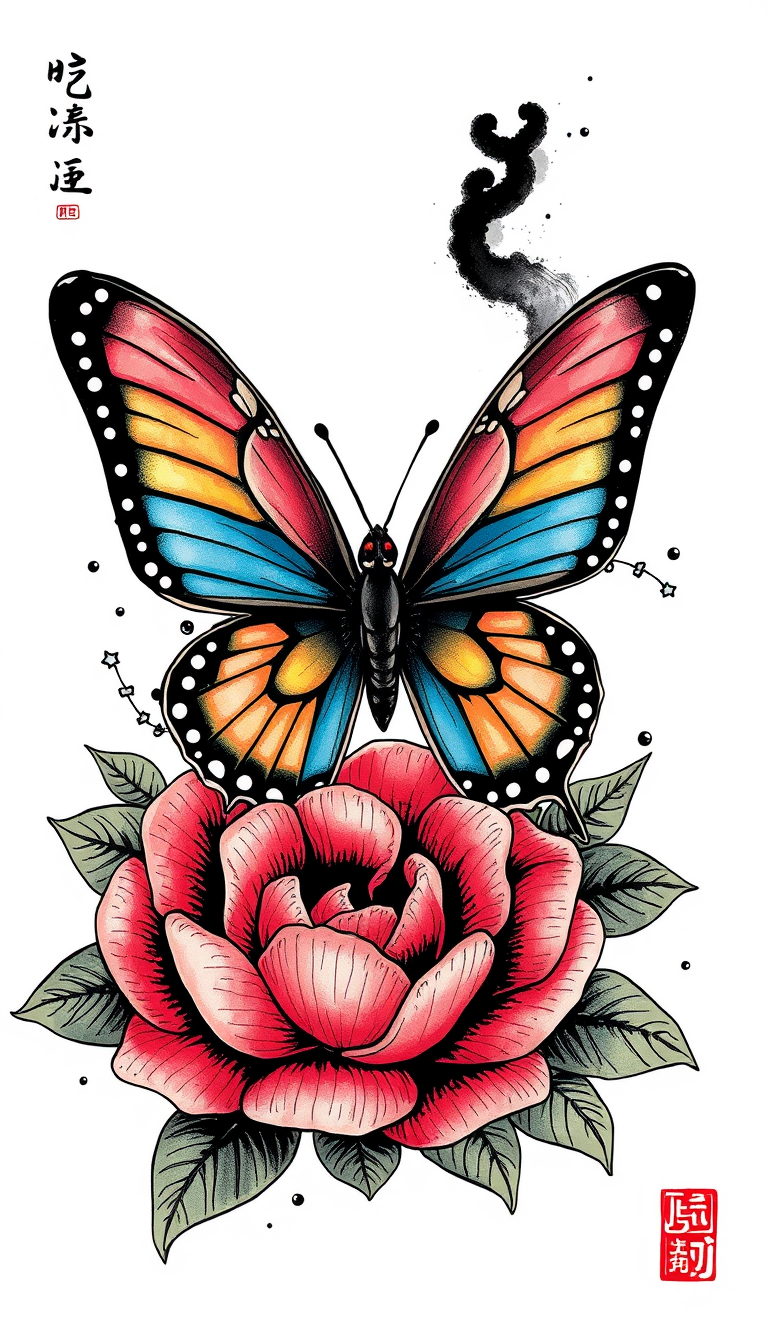 CHARACTER, sumi ink COLORS, BUTTERFLY, FLOWER, TATTOO STYLE, center png art, art by powell peralta, sullen, vertical art, vector, SUBLIME COVER ART - Image