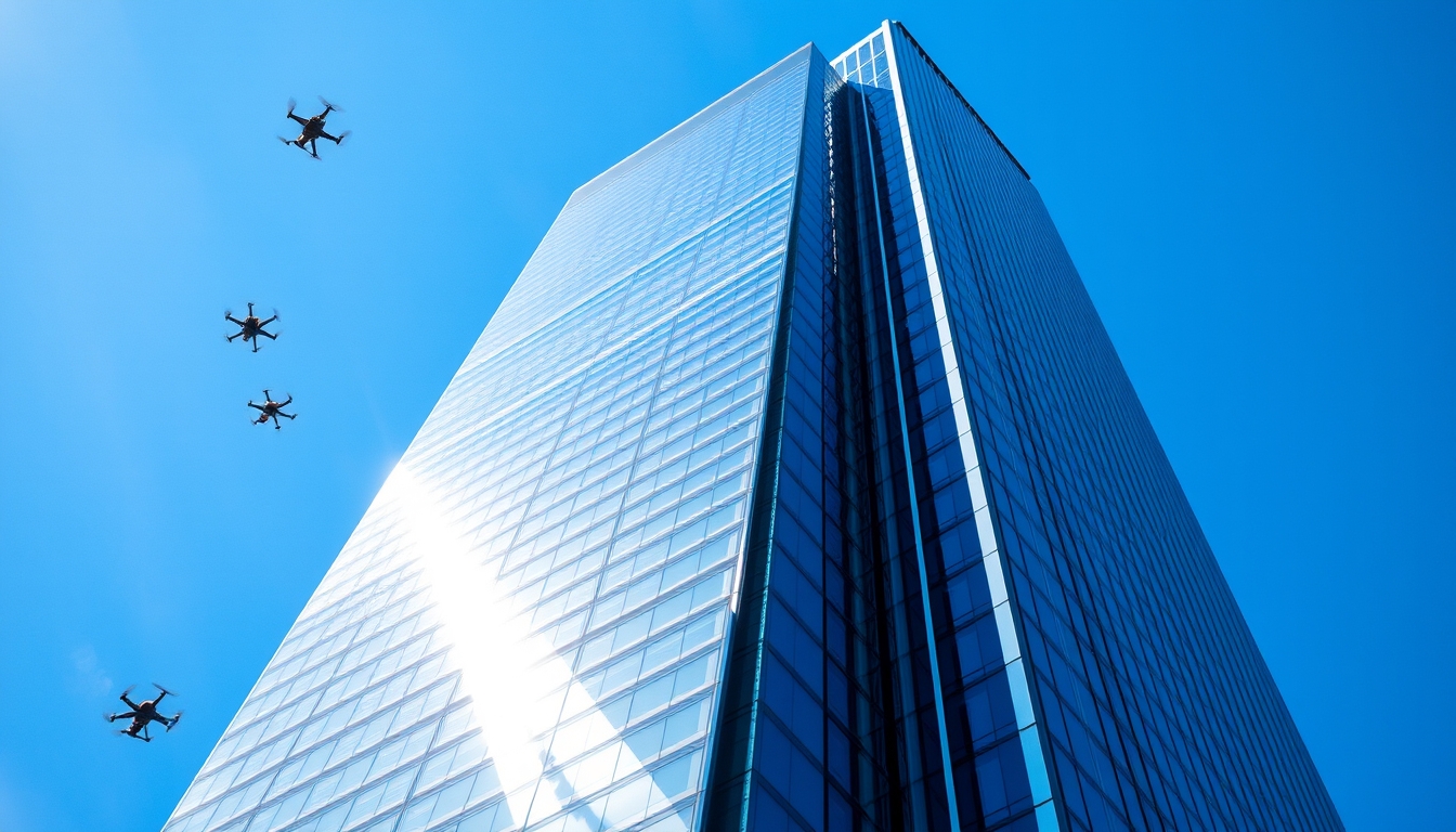 A towering skyscraper with sleek, reflective surfaces and innovative design elements, set against a clear blue sky with flying drones in the distance. - Image