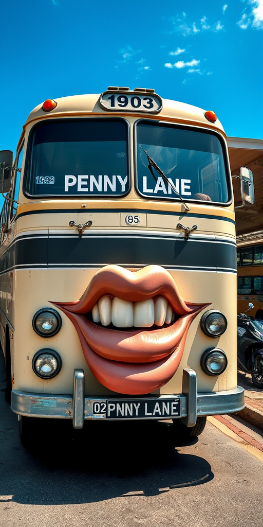 Surreal and whimsical image featuring a vintage bus parked at a bus station. The bus has a cream-colored exterior with a slightly weathered look, and the number '1903' is displayed on the front. The most striking feature is the large, exaggerated set of lips and teeth superimposed on the front bumper of the bus, resembling a face, with headlights as eyes and giving it a cartoonish and humorous appearance. The bus station has a covered area with a high roof, and there are other buses and motorcycles visible in the background. The bus destination sign reads 'PENNY LANE' in white text on a black background. The overall scene is bright and clear, with a blue sky and some clouds visible.