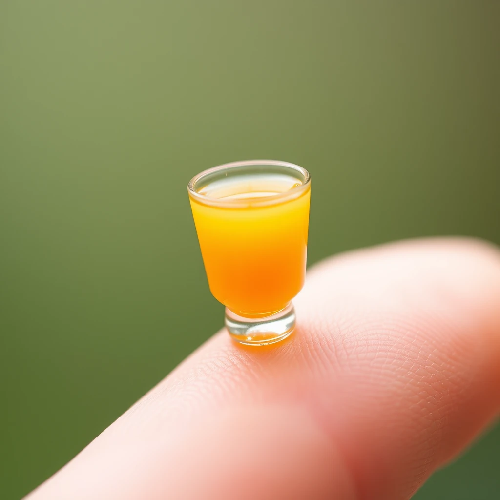 extreme closeup macro photography depicting a very tiny miniature cup of orange juice standing on a fingertip. - Image