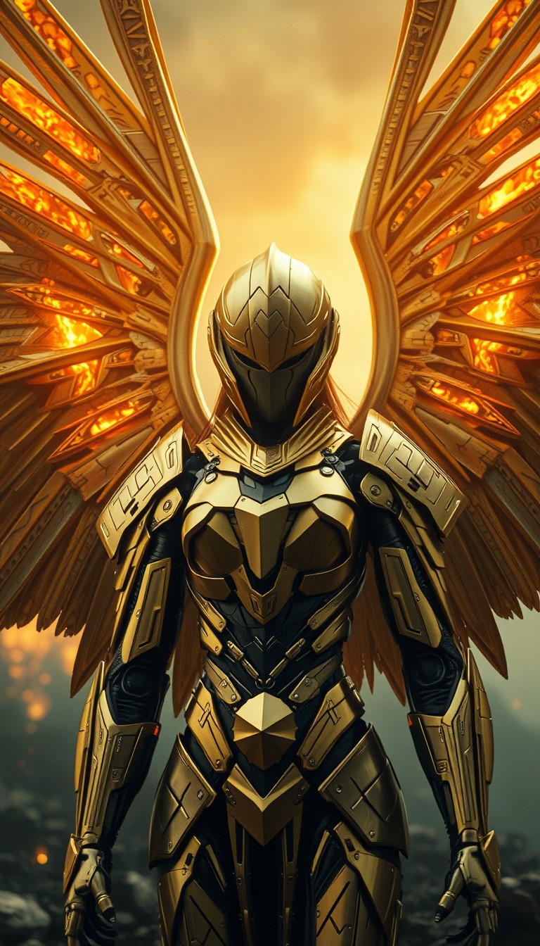 Cinematic shot of a cyborg female battle angel rising from ashes, golden regal Valkyrie armor, full smooth helmet, futuristic, standing on a battlefield, movie scene, film grain, realistic, shot from below, dark lighting.