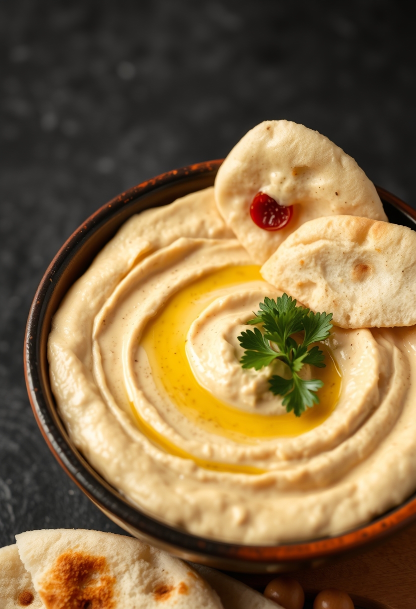 Bowl of creamy hummus with pita bread, representing Middle Eastern cuisine. - Image