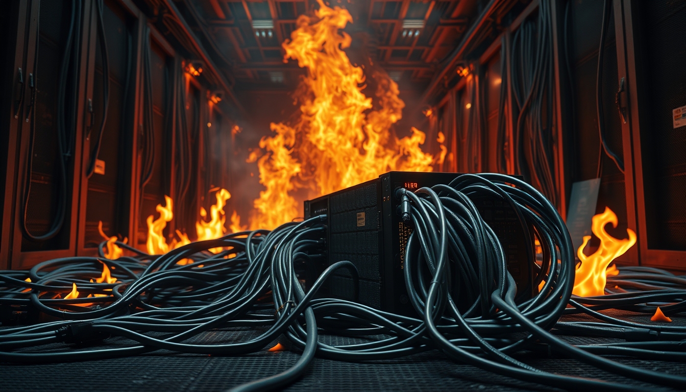 A server lying in cables wants you to end its misery, (server-room:1.3), background in flames, server, cables, can't win!, 404, sharp, detailed, cinematic, epic scale, detailed.