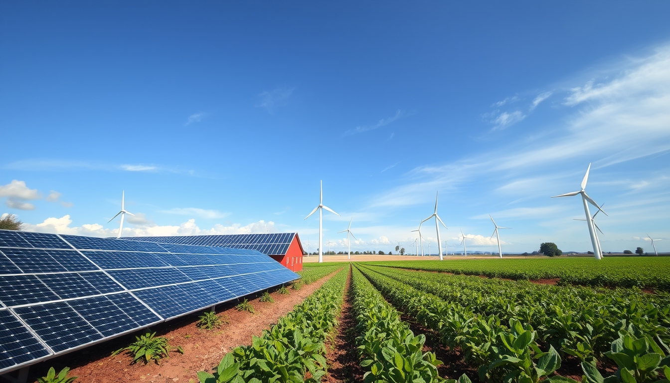 A wide-angle shot of a modern, eco-friendly farm with solar panels, wind turbines, and organic crops in the foreground.