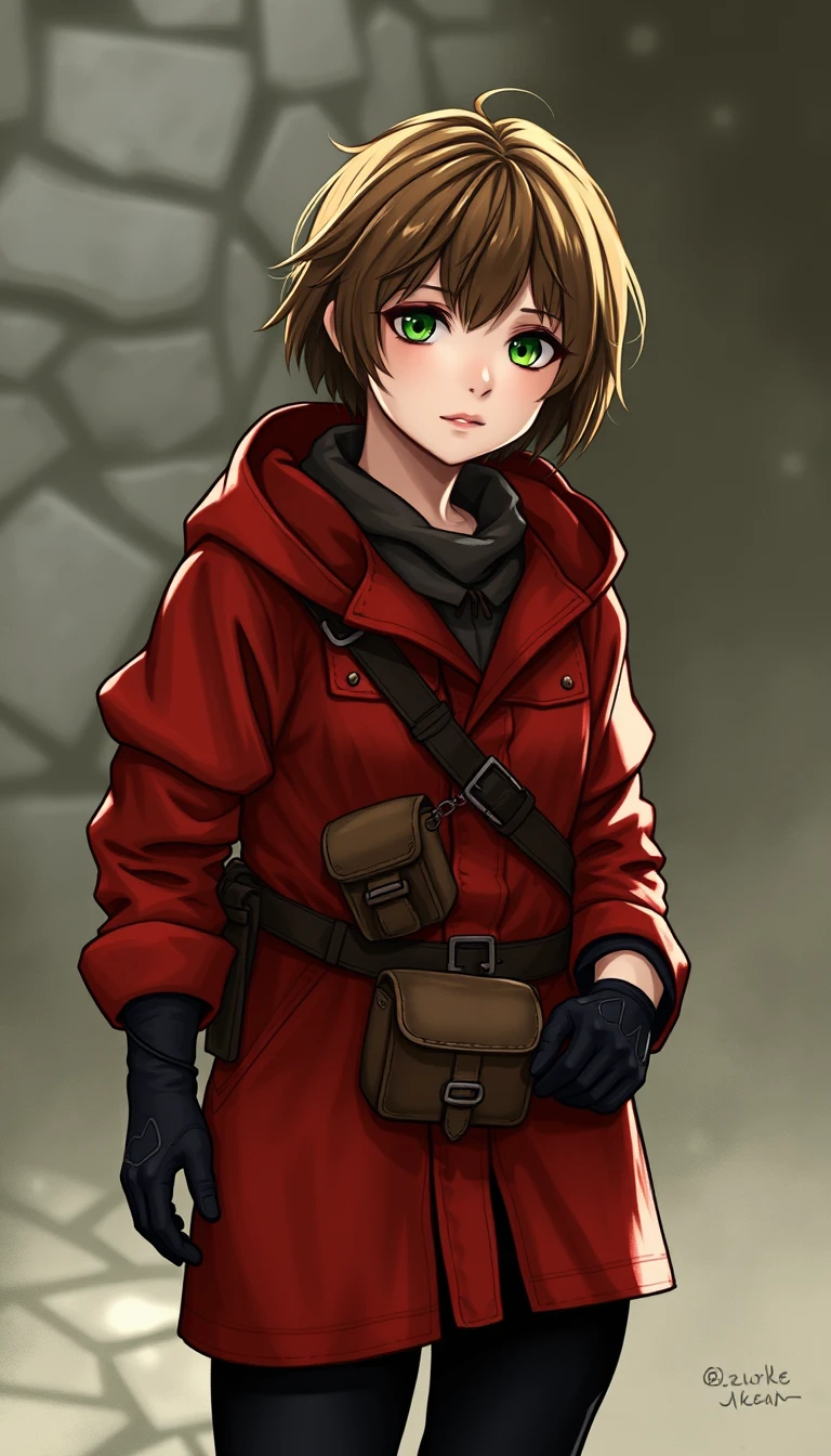 A young girl of 18 years old, Brown hair, Green eyes, Short hair, Red raincoat, Dark brown linen shirt, Small belt bag attached to the belt and shoulder, Black pants, Leather gloves. RPG. Middle Ages. Dark Fantasy.