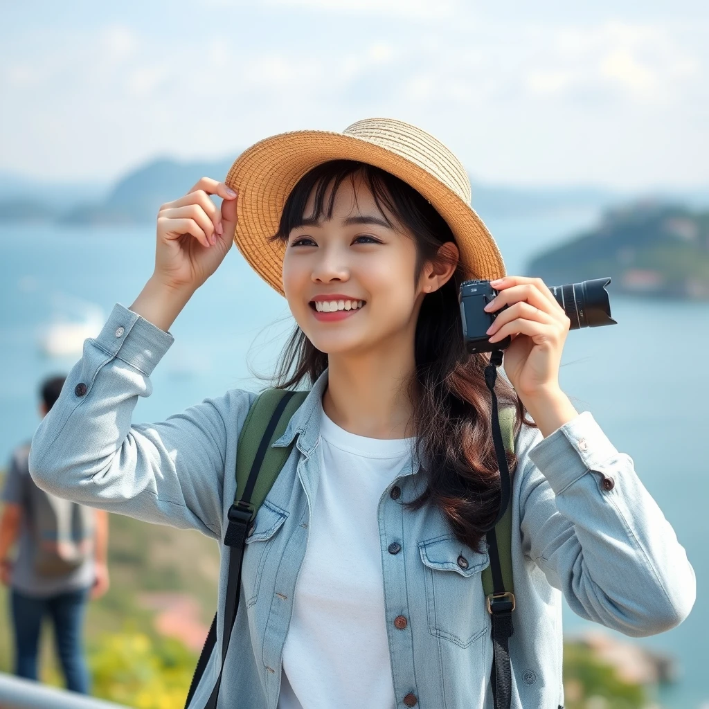 "Korean young woman with camera, recording journey moments, good mood, soul relaxation, Cheung Chau Island adventure, photorealistic style"