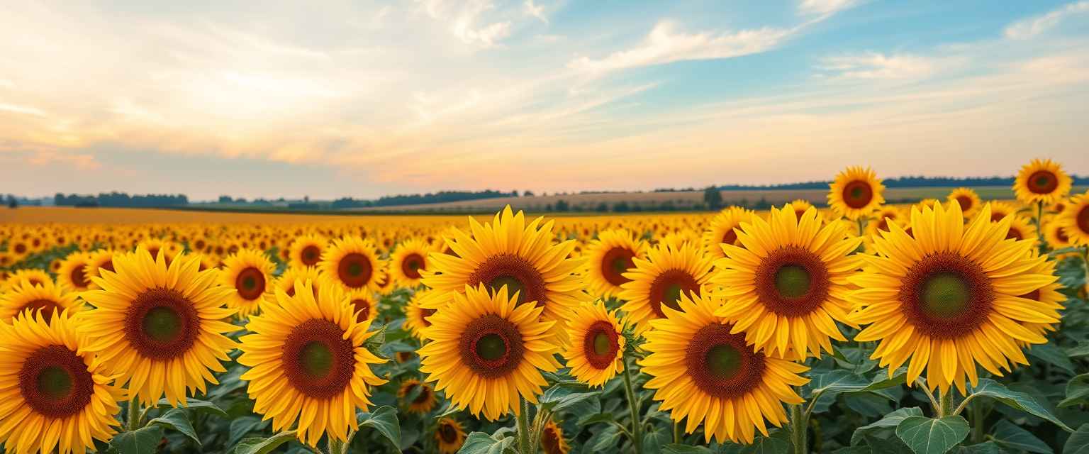 Vibrant, sunflower fields, golden blooms, high quality, photorealistic, summer, cheerful, idyllic, rural, panoramic, breathtaking, blue skies, windblown fields, sunset, floral arrangements.