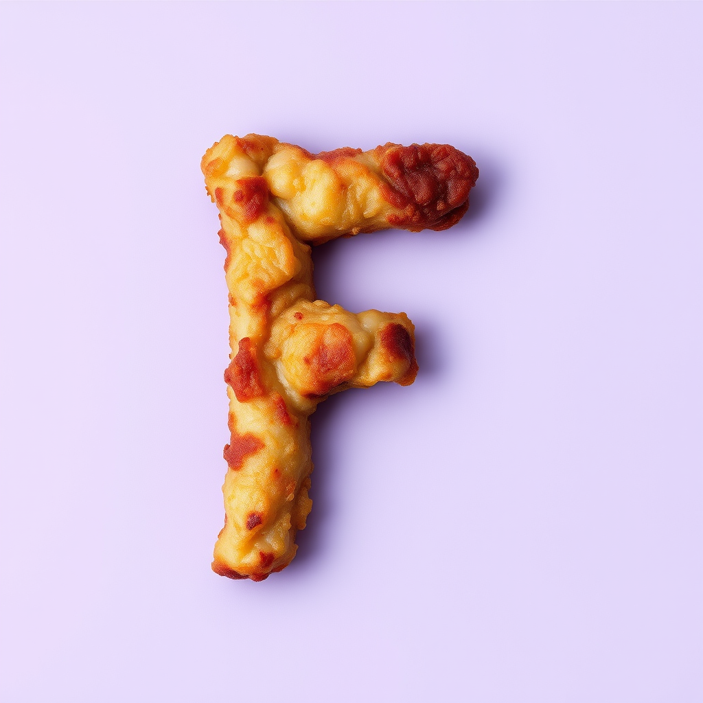 A letter "F" made of fried pork on a light purple background, realistic photograph. - Image