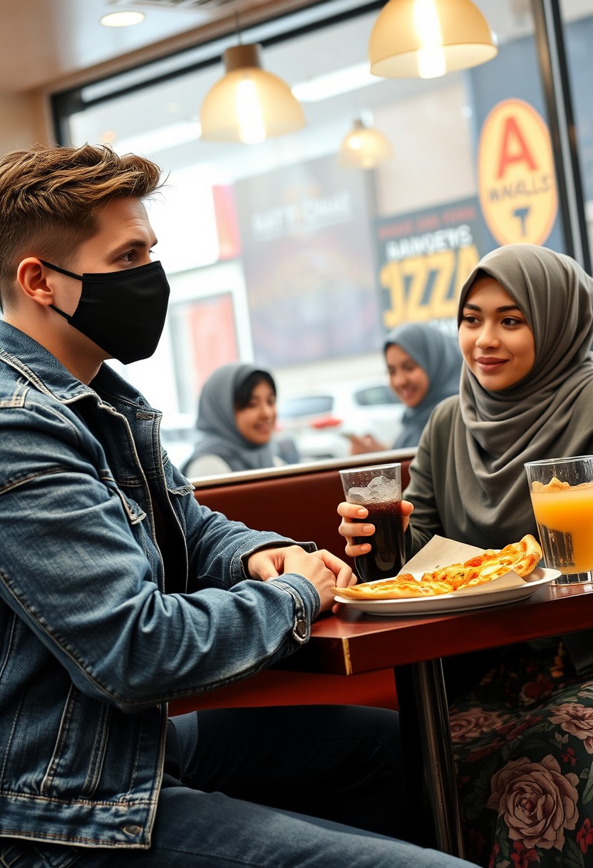 Jamie Dornan's head and body shot, handsome, young, with a black face mask, wearing a blue jeans jacket and jeans, on a date with a Muslim girl in a grey hijab, beautiful eyes, also wearing a black face mask, a black leather jacket, and the biggest floral skirt, at a hot pizza fast food restaurant, with a plate of cheese pizza slices, a plate of Korean fried chicken and fries, and a glass of soft drink, eating with three other random smiling friends in the background, photorealistic, hyper-realistic, street photography.