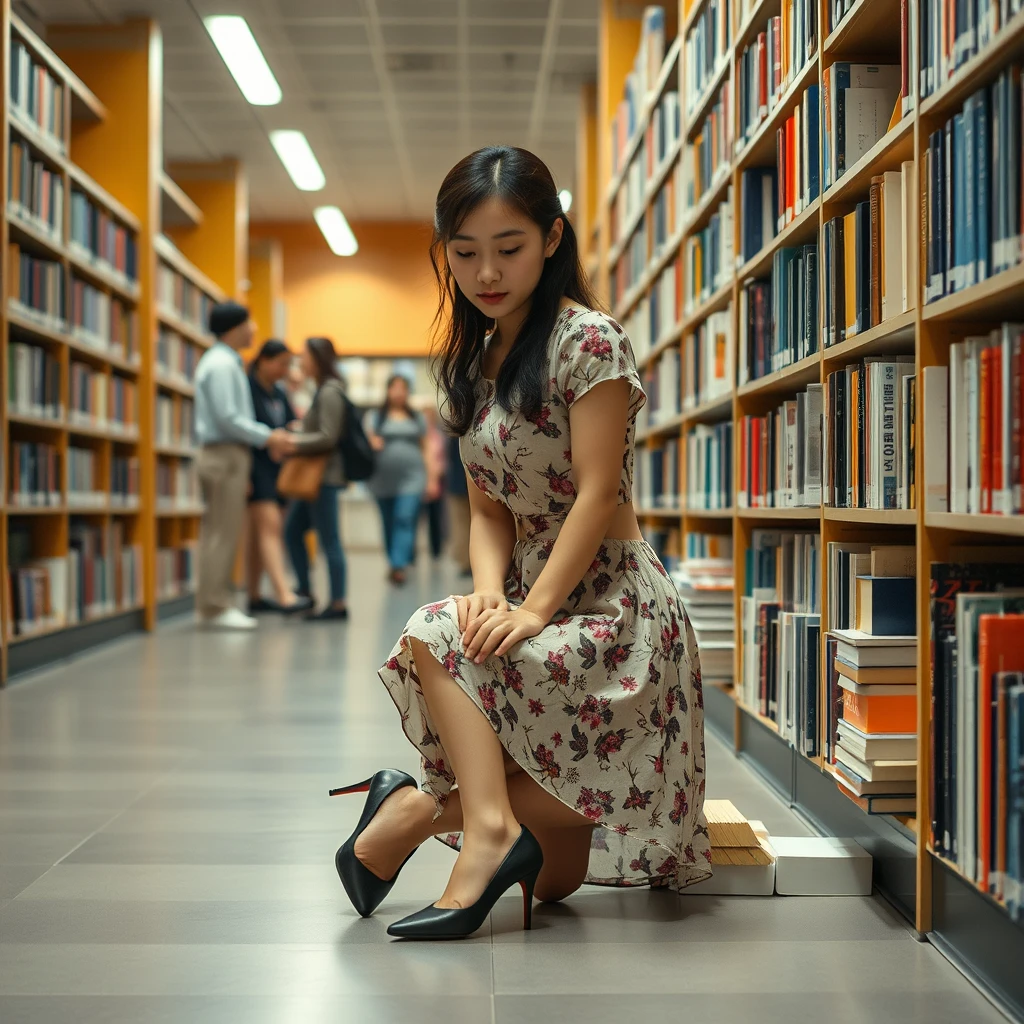 In the library, there is a young Japanese woman wearing a floral dress and black high heels (with white skin) who is kneeling on the floor looking for books. There are many people in the library.