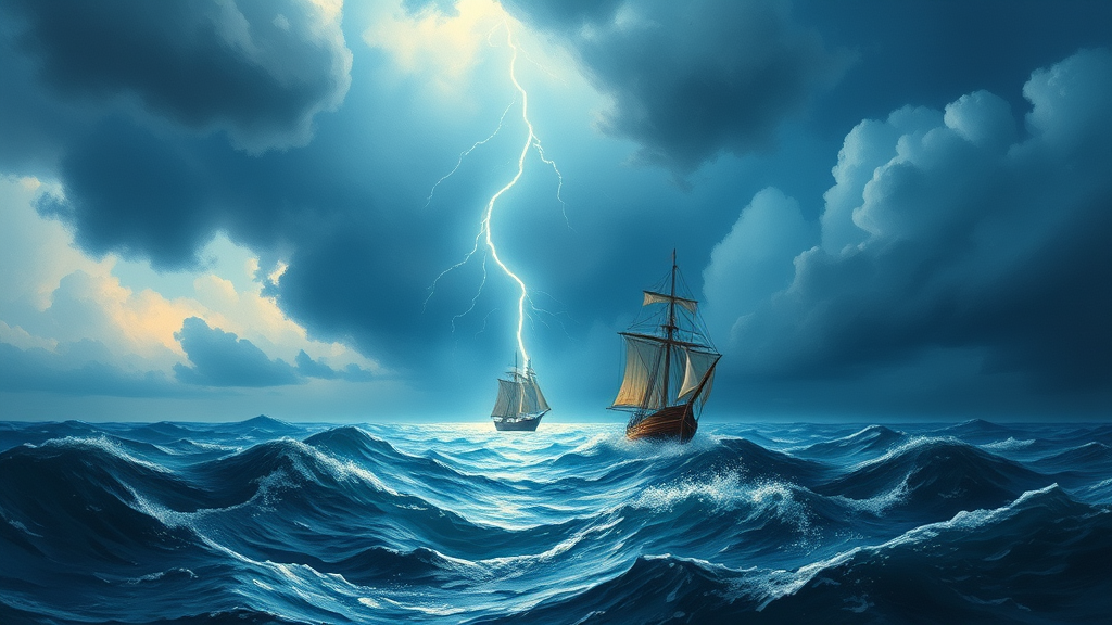 A sailboat in the middle of the ocean with a lightning bolt coming from the sky, inspired by Ivan Aivazovsky, romanticism, Shutterstock, storm at sea, a ship lost in a storm, in a storm, a violent storm at sea, wild ocean storm at night, storm of all storms, blue tone, pastel. - Image