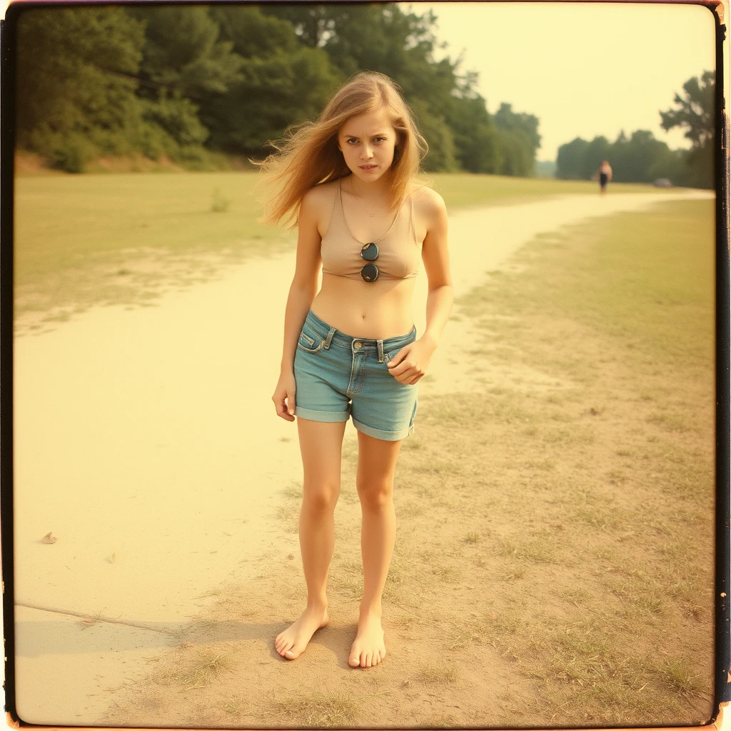 Barefoot teenage angry woman, 1970s, Polaroid