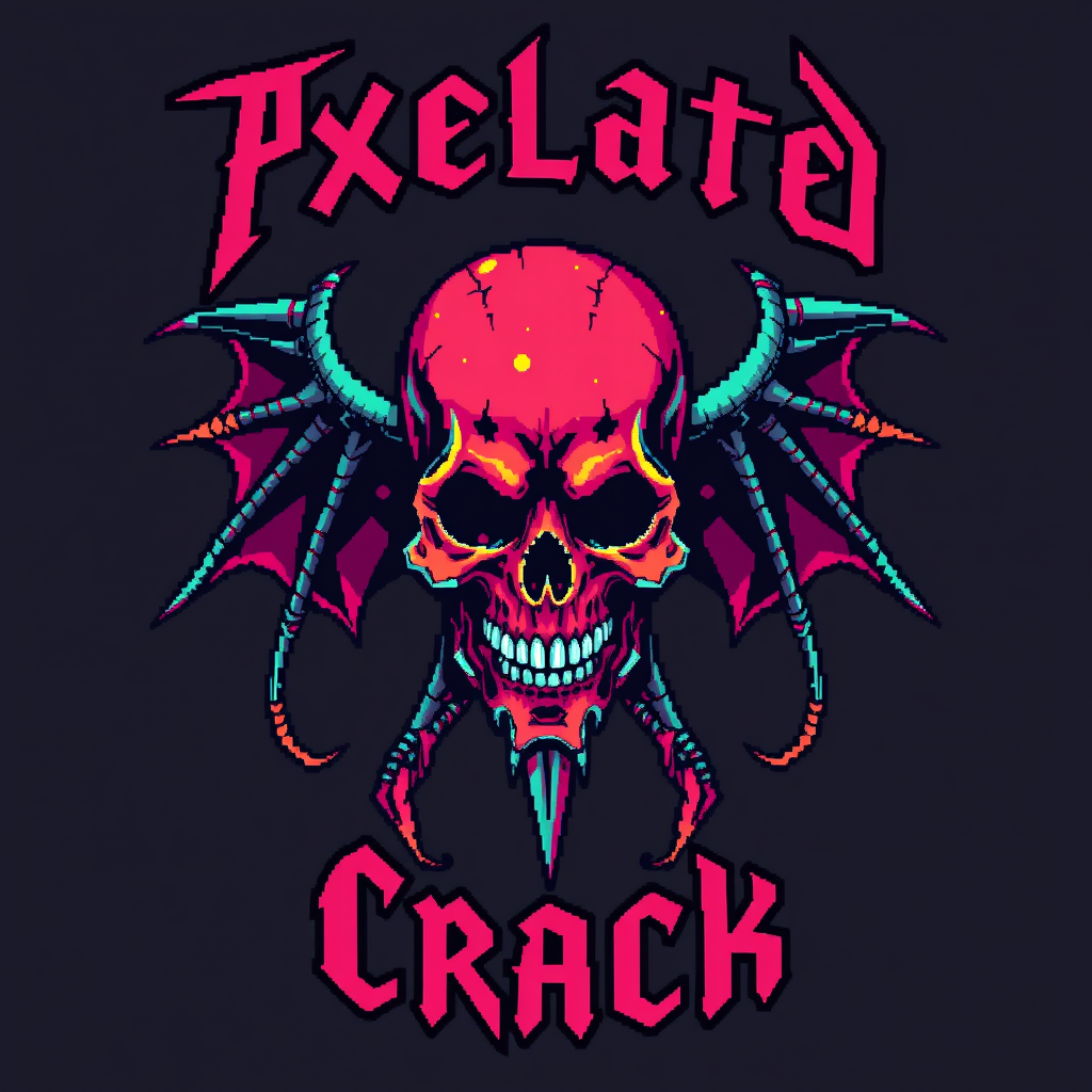 T-shirt design with a blocky colorful 8-bit style of a death metal band blended with chiptune. And the visual should be unique and striking but macabre blended with beauty, and the band name is "Pixelated Crack."