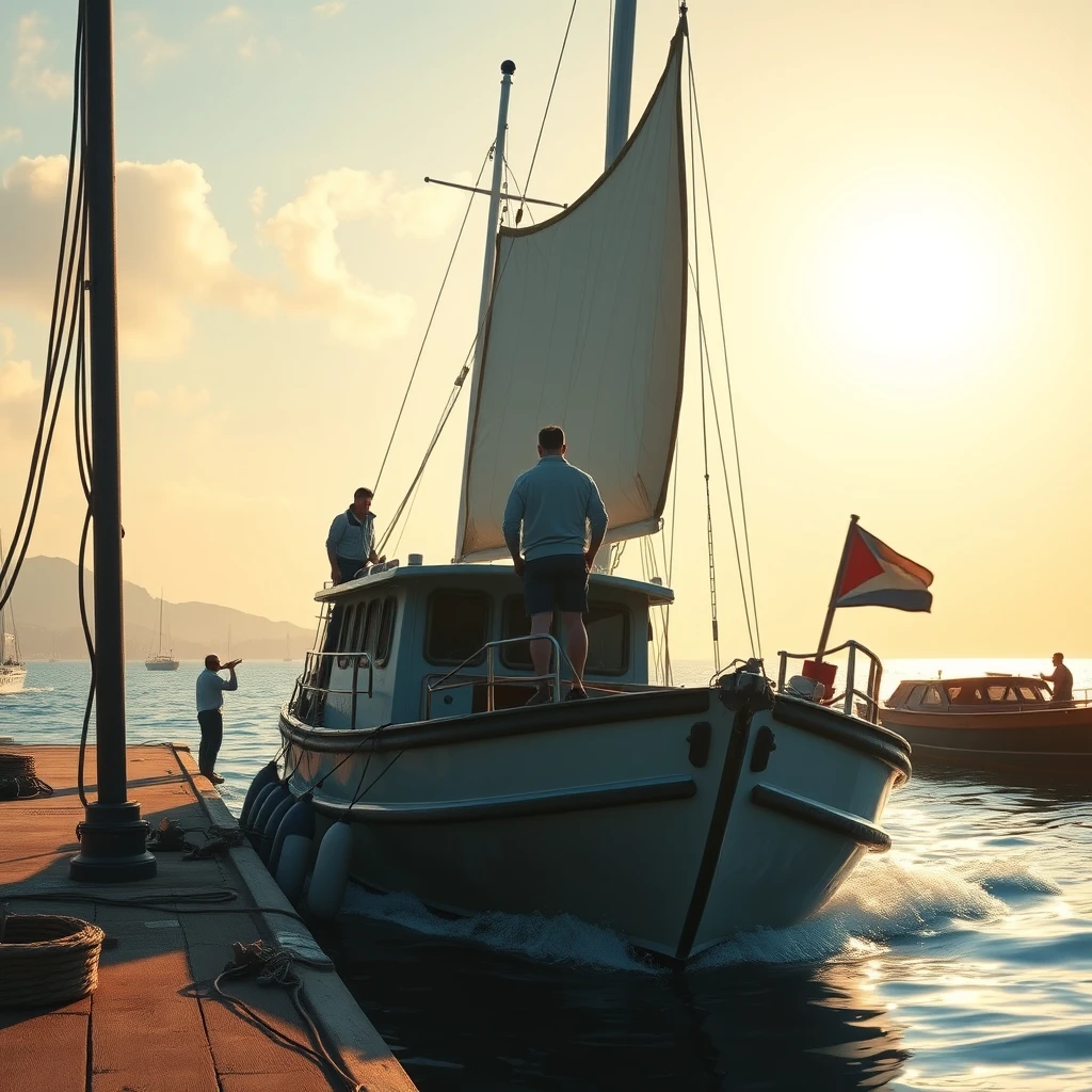 Pixar style, The morning sun bathes the dock in its gentle light, where a small boat quietly rests at its berth. The crew members are busily preparing for the voyage, their movements precise and powerful, each action a testament to their respect for the sea and their skilled craftsmanship. The captain, standing strong at the prow, fixes his determined gaze upon the horizon. As the engine roars to life, the boat slowly departs the dock, setting its course for the distant Cheung Chau Island. The sea breeze is fierce, filling the sails and propelling the vessel forward with steady resolve through the waves. This may be a simple journey, but it is filled with the spirit of exploring the unknown and a profound respect for the natural world. Cheung Chau Island HongKong, high-definition. - Image