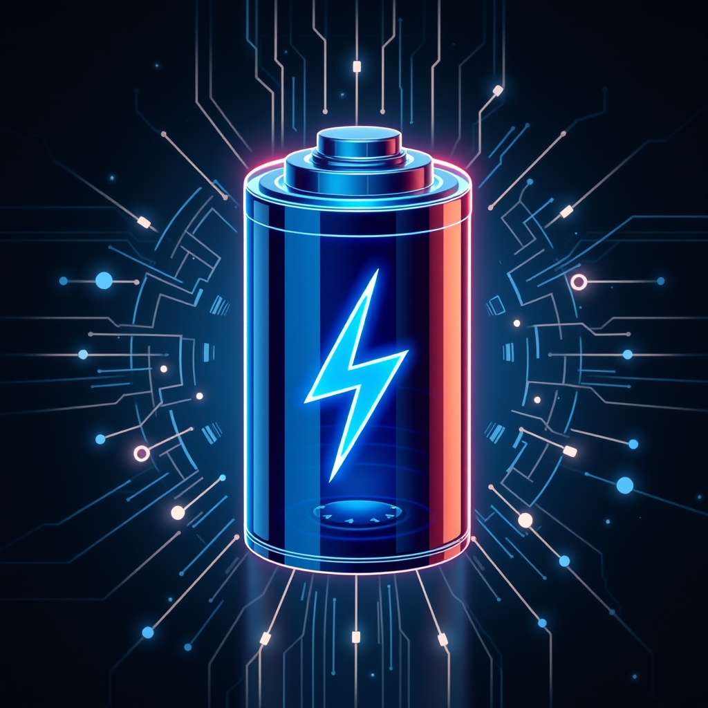 A High-Tech Battery with a Lightning Icon Surrounded by Digital Elements - Image