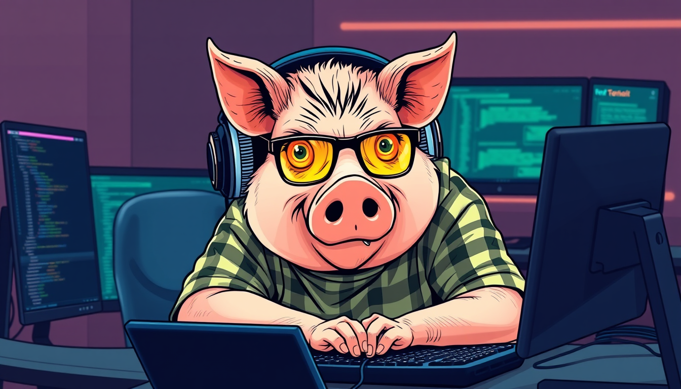 A tech-savvy porcine coder, donning yellow-tinted glasses and sleek noise-cancelling headphones, hunches over a cutting-edge multi-monitor setup. The anthropomorphic pig exudes focus, typing furiously. Wearing a plaid t-shirt.