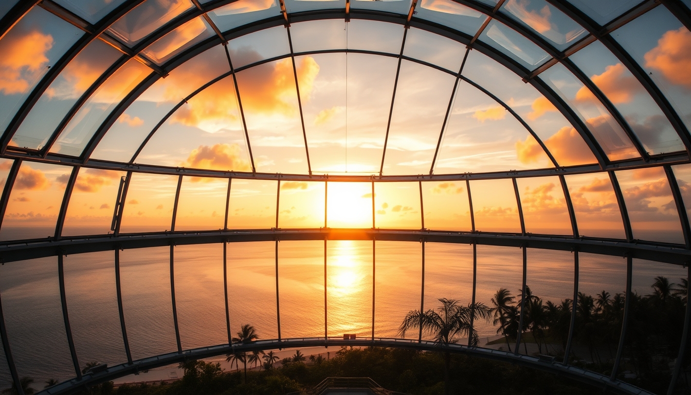 A breathtaking sunset viewed through a giant glass dome on a tropical island.