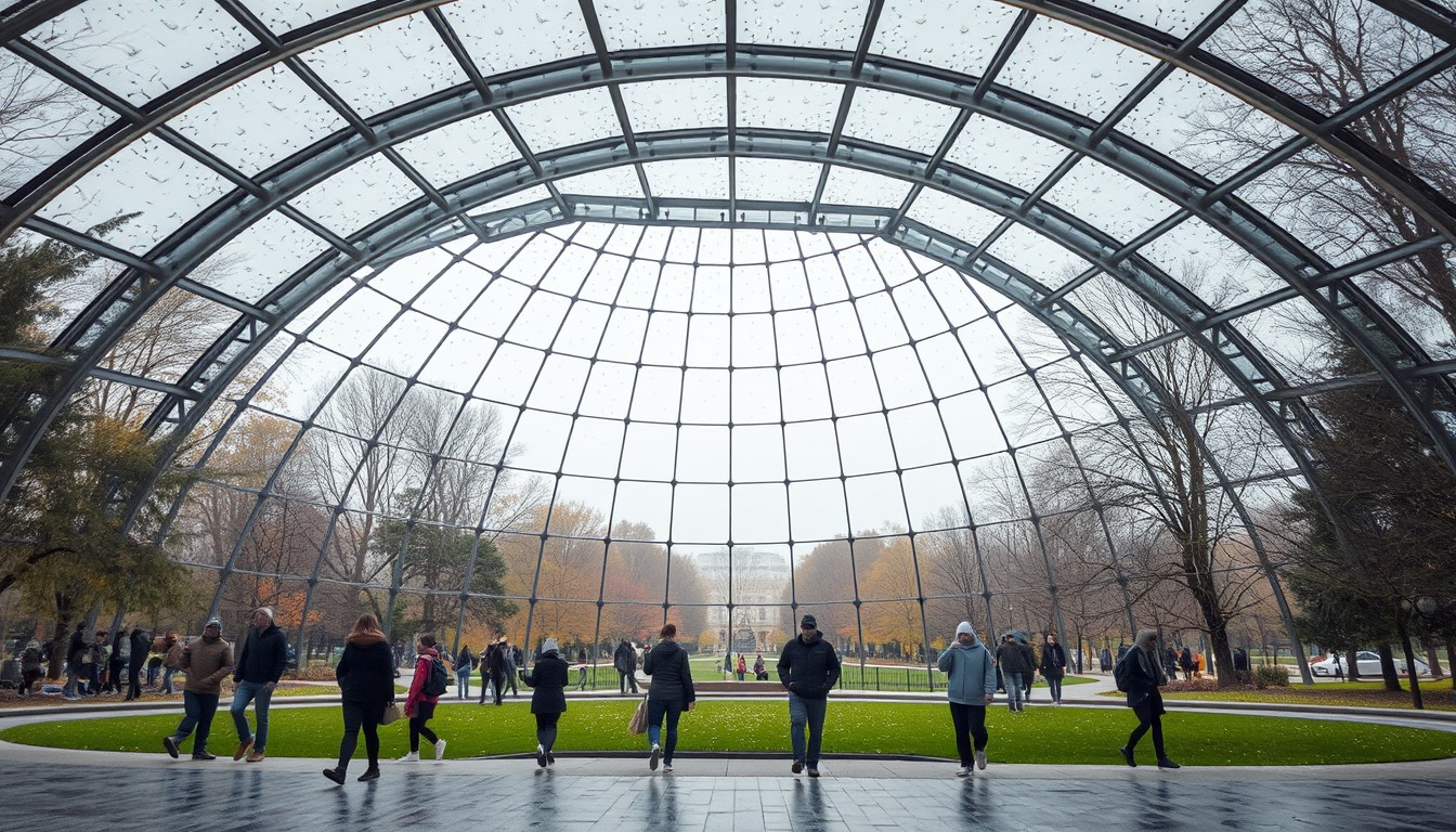 A park inside a dome shape, where people are peacefully walking and relaxing in the park regardless of the weather—rain or snow, hot or cold. The composition of the photo is taken from outside the dome, looking in from a distance. Inside, the weather is always pleasant.