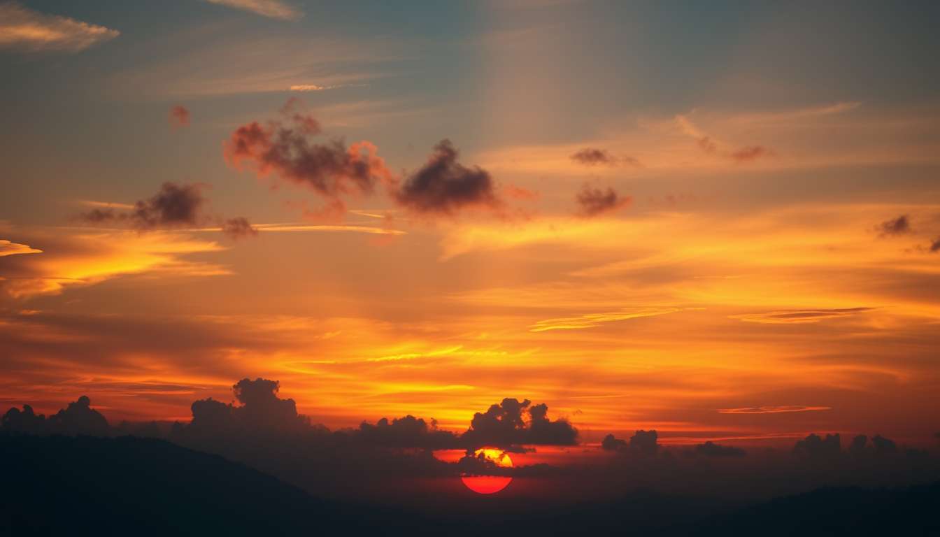 fiery sunset, clouds, high quality, photorealistic, evening sky, reflection, serene