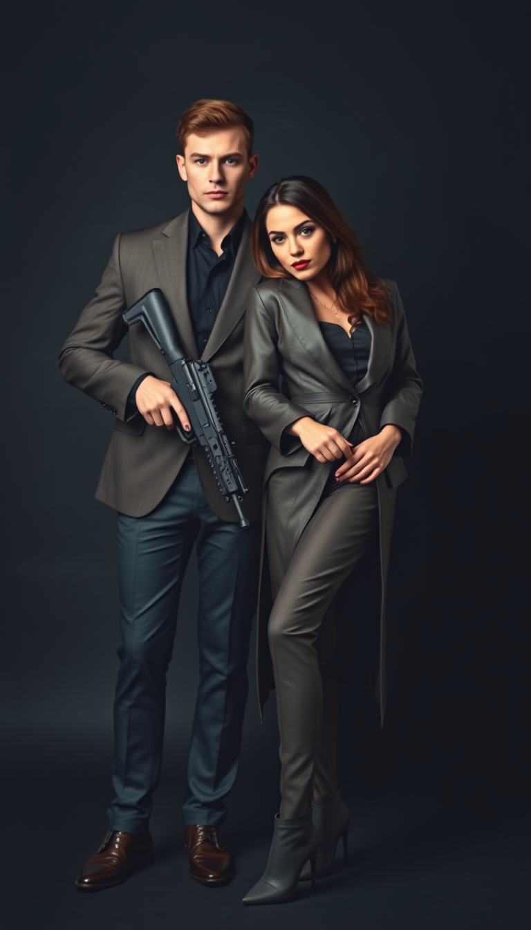 A striking elite young Russian couple posing together for a gun magazine on a dark background, dressed in luxurious, modern clothing. The man is in a tailored, high-end designer jacket and sleek trousers, holding a combat firearm close to his body, exuding readiness and control. The woman stands beside him in an elegant, yet contemporary designer outfit, blending sophistication with an edge. She also holds a combat firearm close to her body, her posture poised and confident. Both look ready for action, their expressions serious and focused. The dark setting and soft, dramatic lighting highlight their modern, powerful presence as a couple. - Image