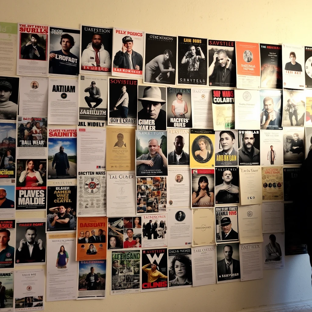 A wall covered with many posters.