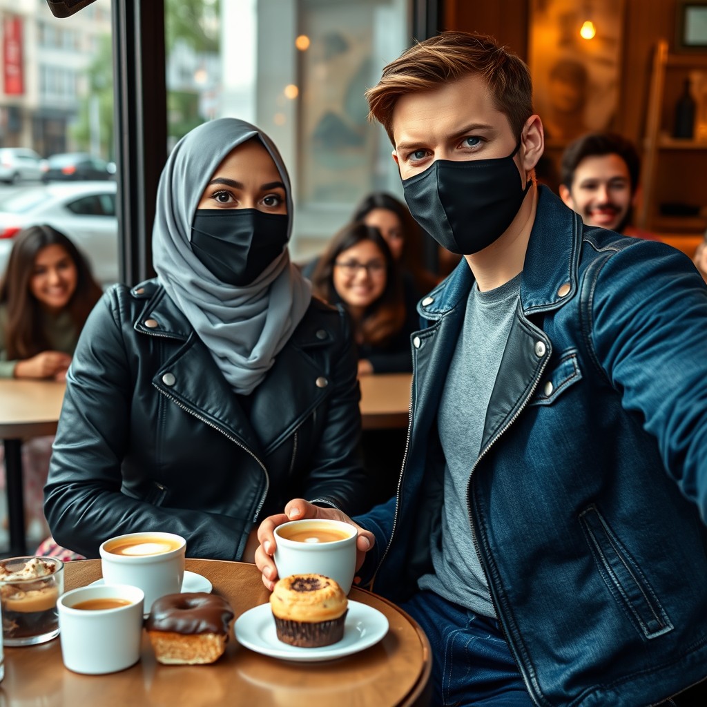 Jamie Dornan's head and body shot, handsome, black face mask, blue jeans jacket, jeans, dating a Muslim girl in a grey hijab with beautiful eyes, black face mask, black leather jacket, biggest floral skirt, at a cafe, with 2 cups of latte, muffin cake, and a chocolate donut on a table, with 3 other friends smiling in the background, photorealistic, hyper-realistic, street photography, selfie. - Image