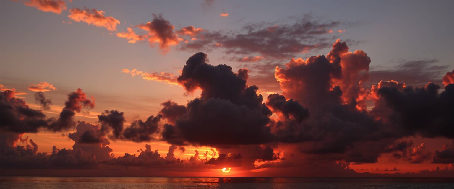 Dramatic, fiery sunset, clouds, silhouettes, high quality, photorealistic, evening sky, reflection, serene, seashells.