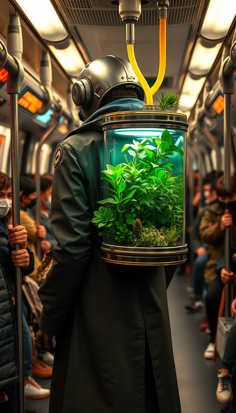 Image of a humanoid octonaut wearing a long jacket in a crowded subway train, with a transparent, cylindrical backpack terrarium filled with neon lush greenery and small plants. The terrarium features metallic accents and a neon hose connected to it, providing a futuristic appearance. The subway is packed with human passengers, many of whom are wearing masks and holding onto the handrails. The setting is busy and urban, highlighting a contrast between the natural elements in the terrarium and the modern, bustling environment. --ar 3:4 --style raw --s 750 --v 6.0 golden hour.