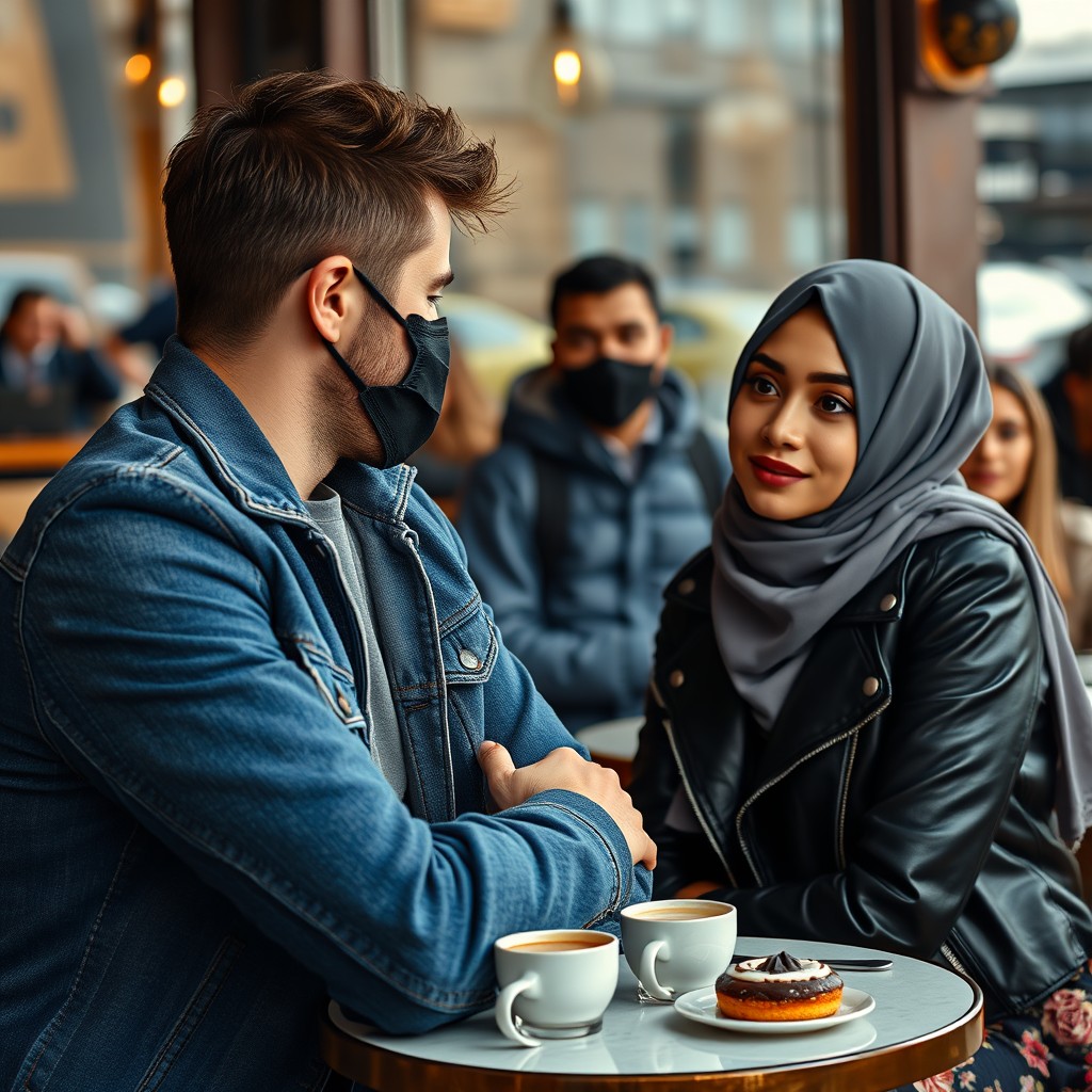 Jamie Dornan's head and body shot, handsome, black face mask, blue jeans jacket, jeans, dating a Muslim girl in a grey hijab with beautiful eyes, black face mask, black leather jacket, the biggest floral skirt, at a cafe, 2 cups of latte, muffin cake, choco donut on a table, with 4 other friends smiling in the back, photorealistic, hyper-realistic, street photography, selfie. - Image