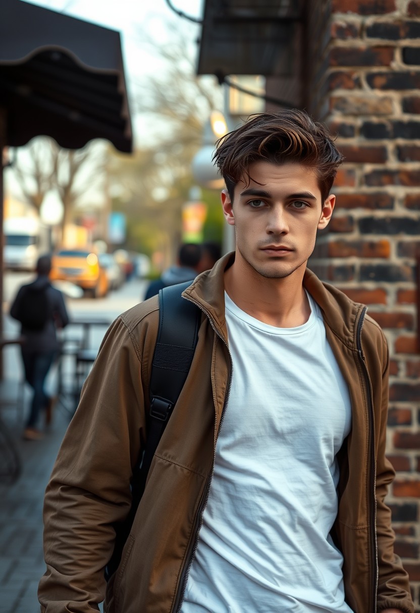 Freddie Prinze head and body shot, handsome young, brown dark-haired, serious face, white T-shirt, collage jacket, skinny jeans, sneakers, walking in a stylish manner, near a café, hyper-realistic, street photography, brick wall, full body photo, morning scenery.