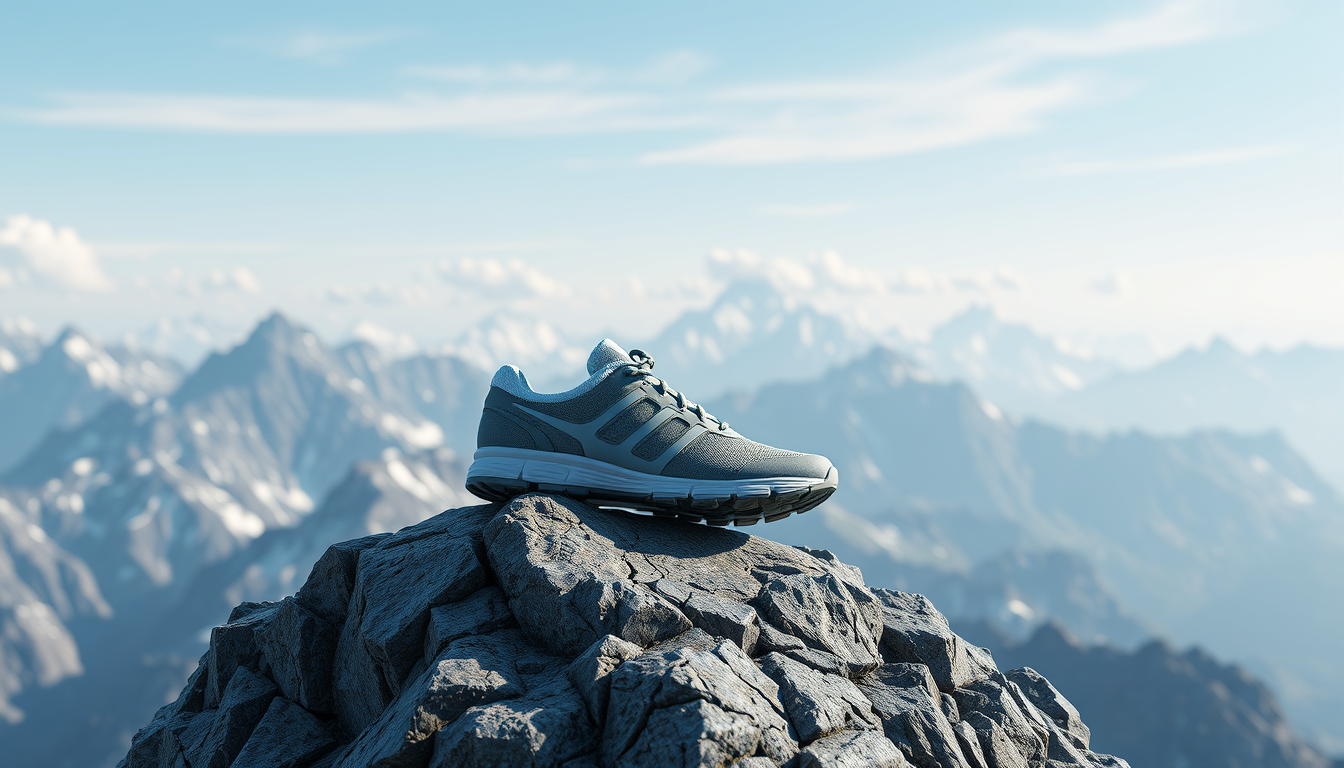 Graphic design of a shoe placed on a mountain, product photography, Unreal Engine 5 model, ZBrush.