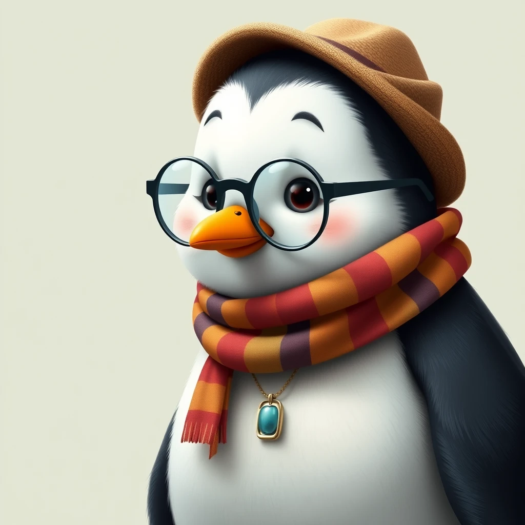 /imagine a friendly chubby little penguin with glasses, curiously wearing colorful clothes, a magnifying glass, and a detective hat.